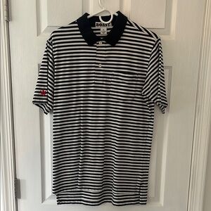 Men's Boast Black and White Striped Polo Shirt, Japanese Maple Leaf accent